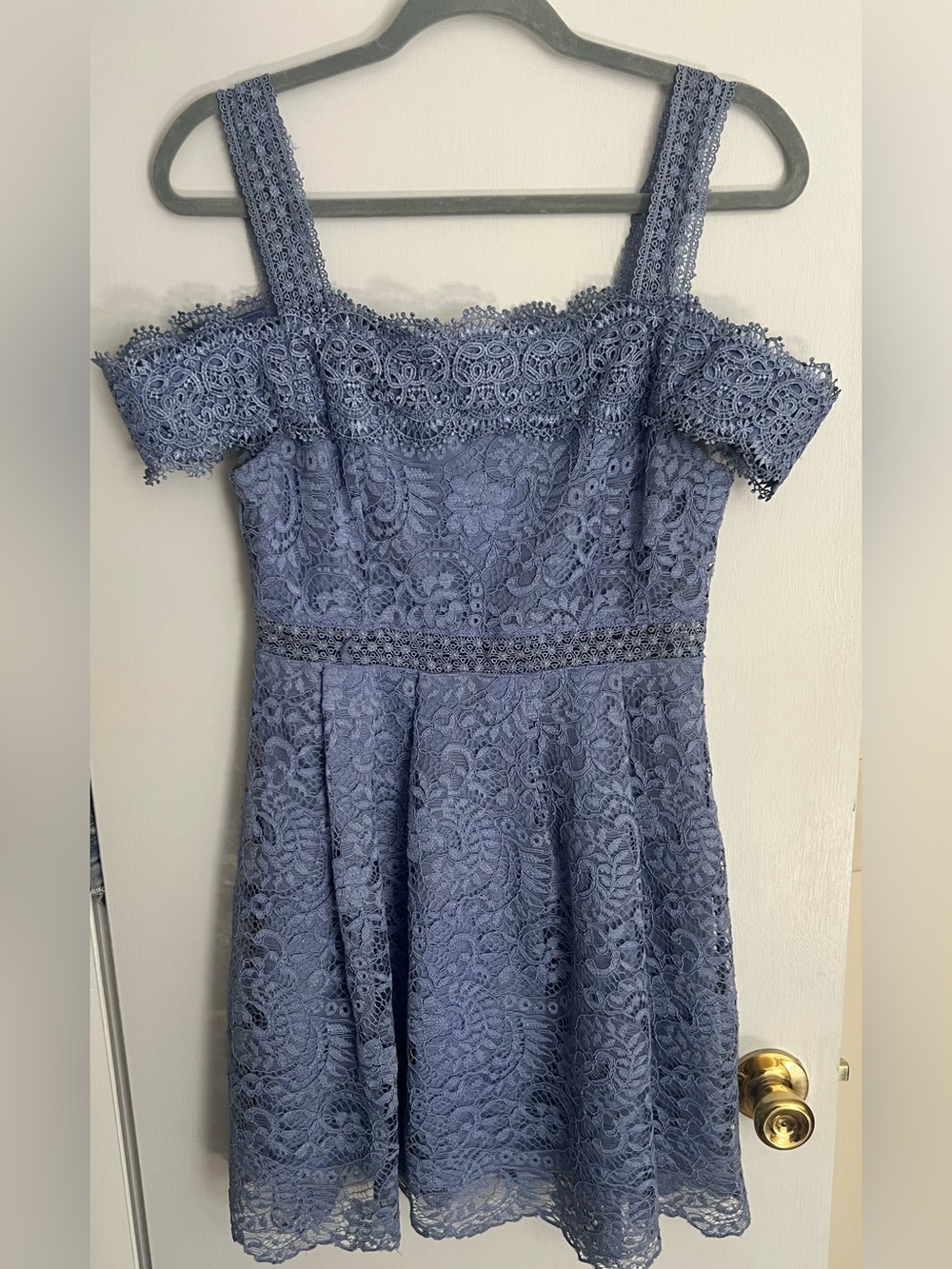 Francesca’s Lace Off-Shoulder A-Line Dress in Dusty Blue- beautiful quality.